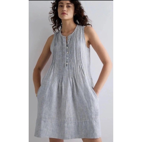 Quince Swing Dress Pockets  European Linen Fisherman Striped Pleated Nautical S - Picture 1 of 11